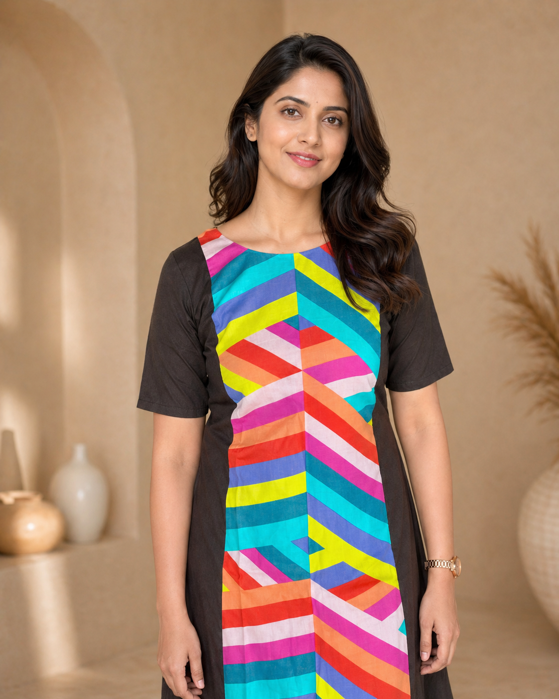 Black Multi Stripes A Line Top detail