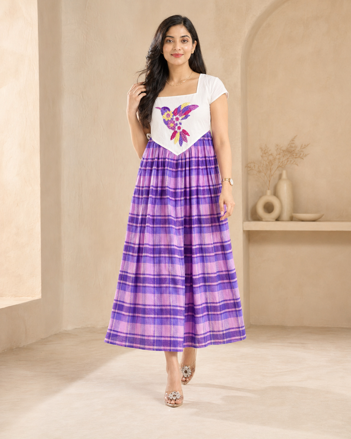 White yoke hand ebdroidery Lavender checked frock styling