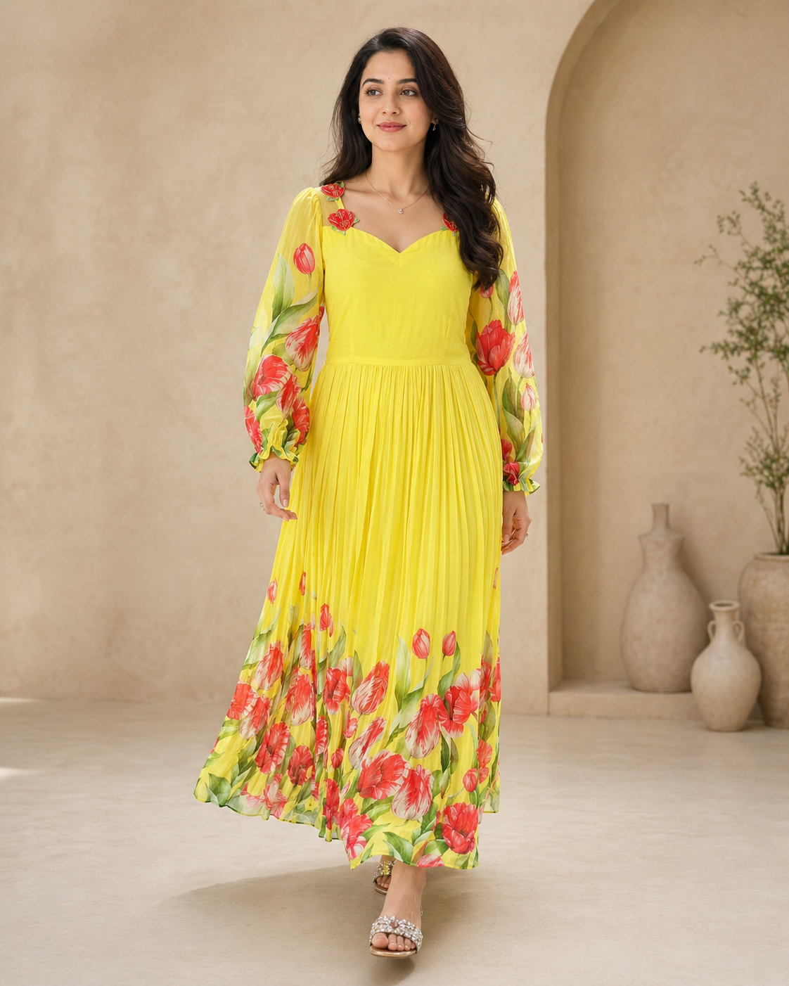 Yellow georgette long frock with red floral print styling