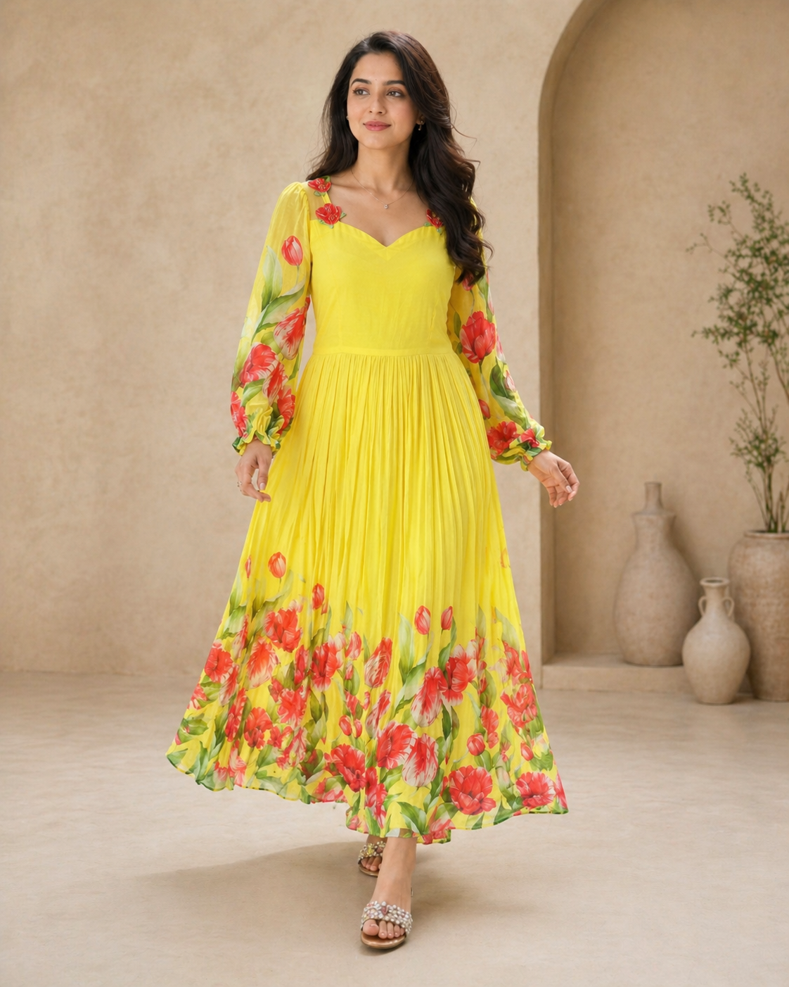 Yellow georgette long frock with red floral print