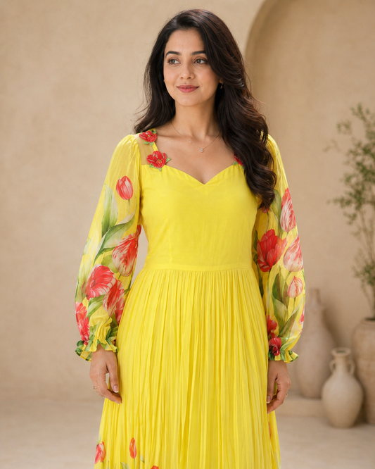 Yellow georgette long frock with red floral print