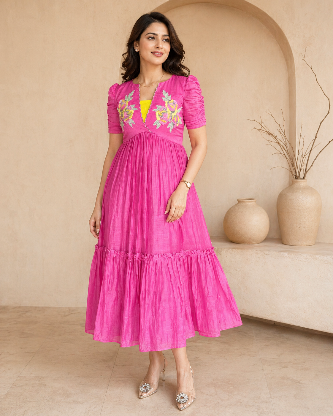 Pink frock with hand embroidery motif styling