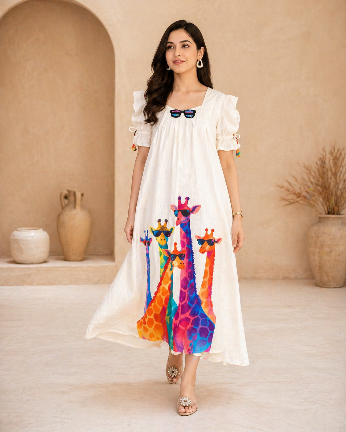 Ivory lenin frock with colourful giraffe motifs