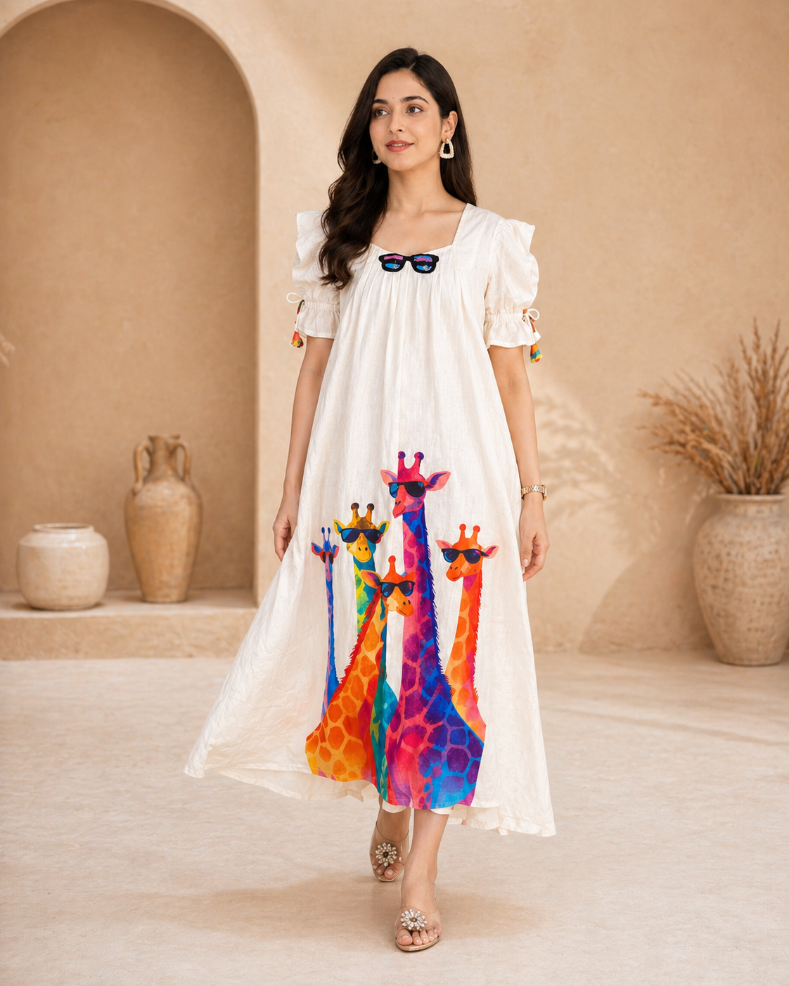 Ivory lenin frock with colourful giraffe motifs styling