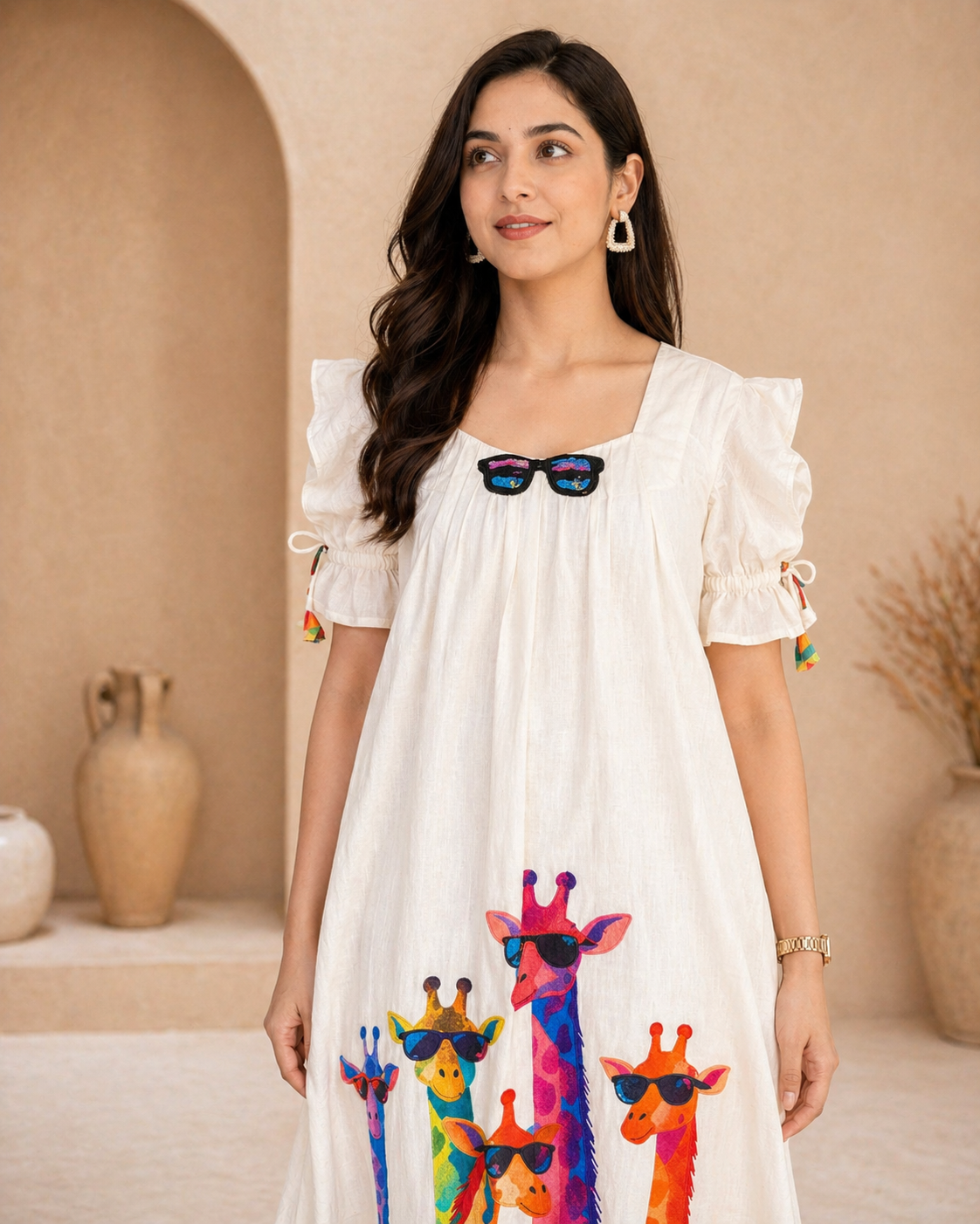 Ivory lenin frock with colourful giraffe motifs detail