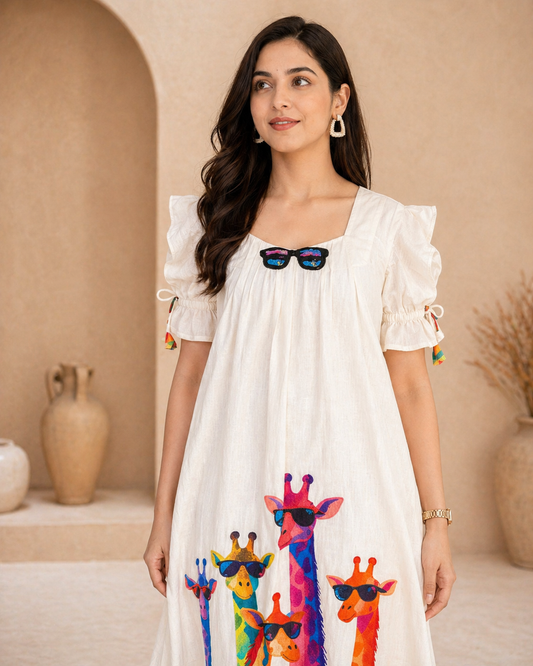 Ivory lenin frock with colourful giraffe motifs