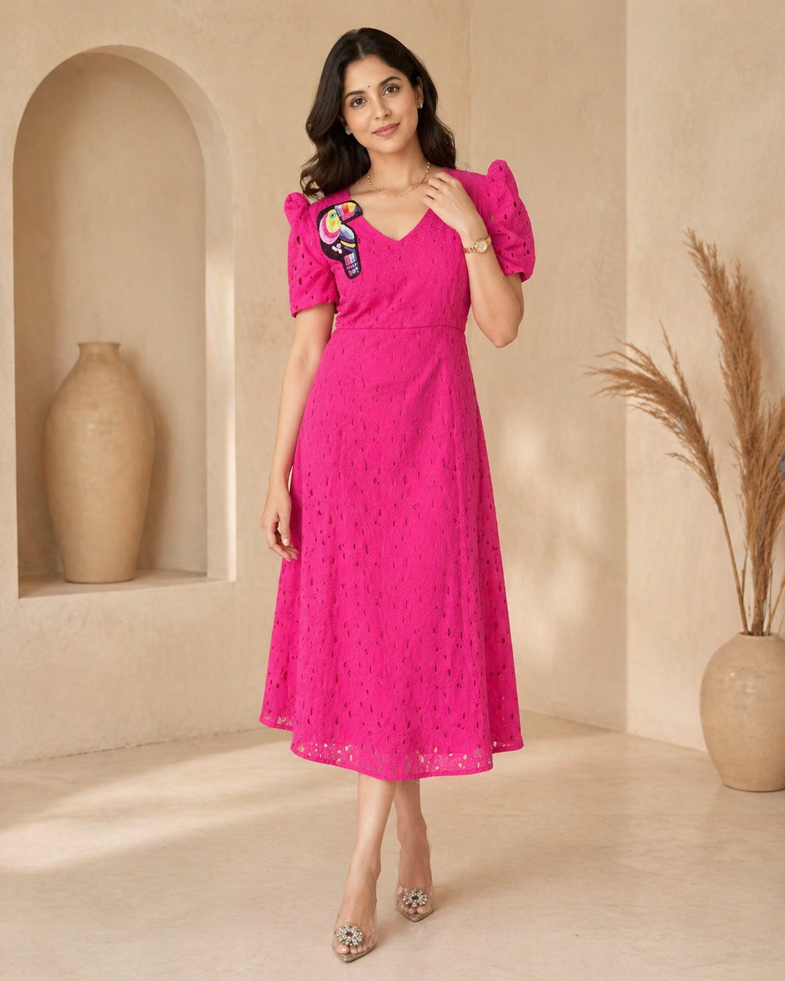 Pink hacoba frock with toucan bird styling