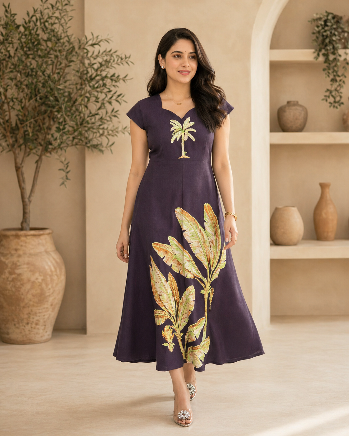 Purple printed lenin frock with hand work on yoke part styling