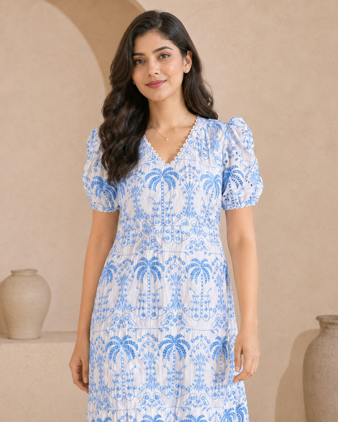 Cotton white and blue print frock detail