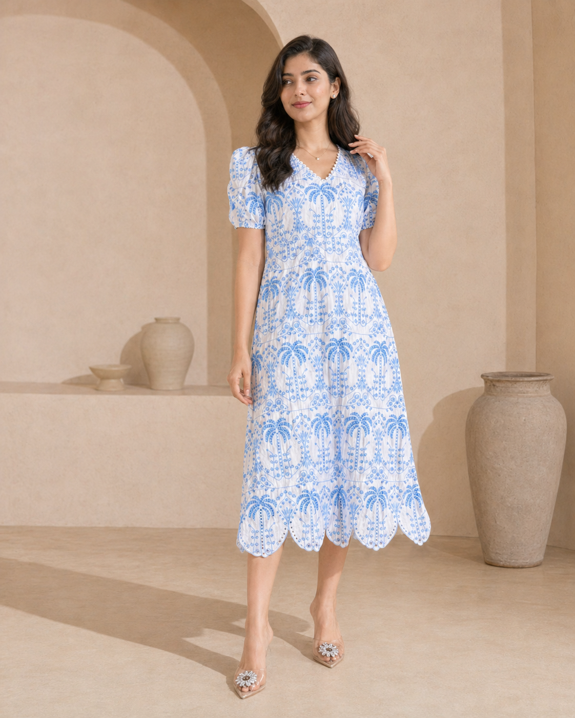 Cotton white and blue print frock styling