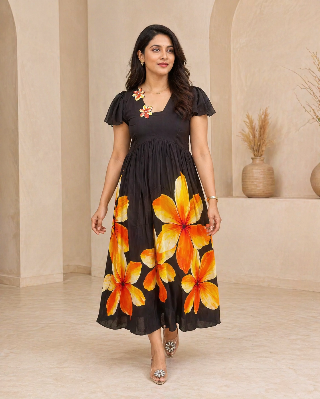 Black frock with hand embroidery and floral motif frock