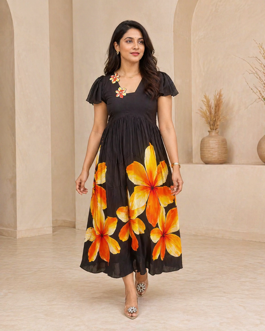 Black frock with hand embroidery and floral motif frock