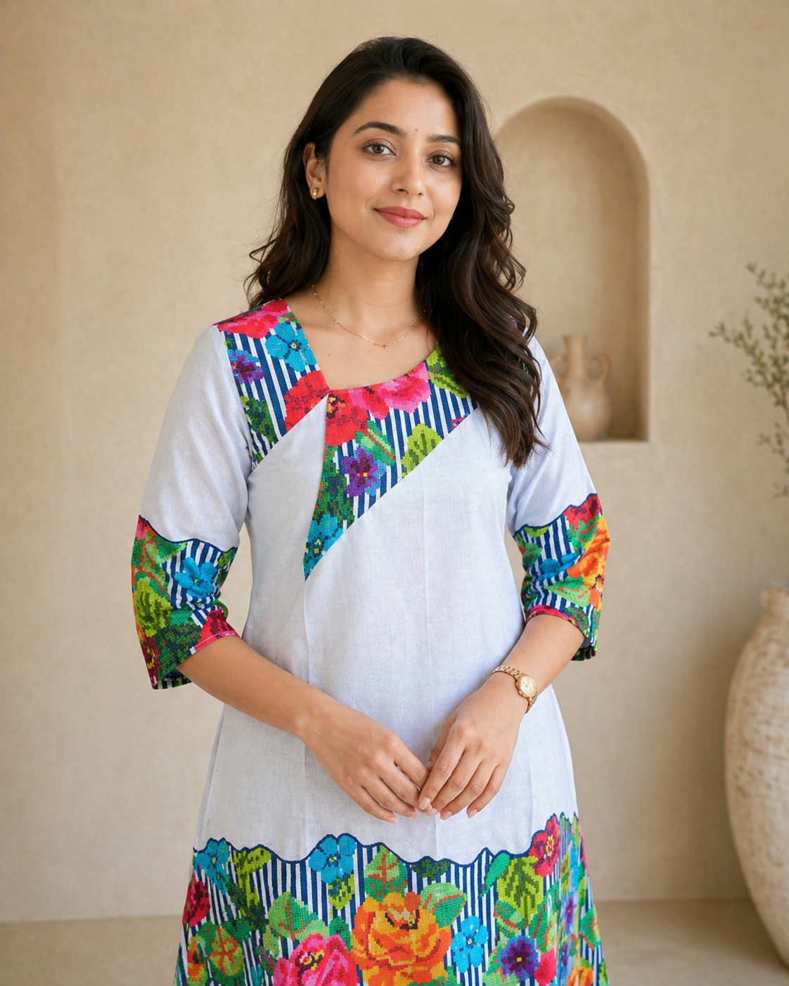 White frock with colourful stripes detail
