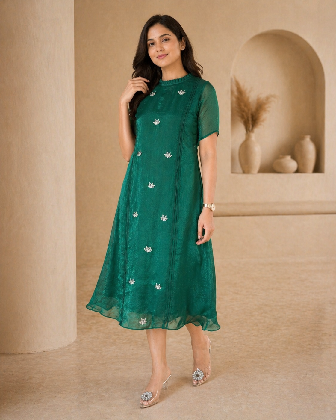 Emrelad green glass tissue frock styling