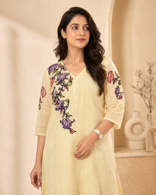 Mul mul chanderi frock with pure pen kalamkari applique work