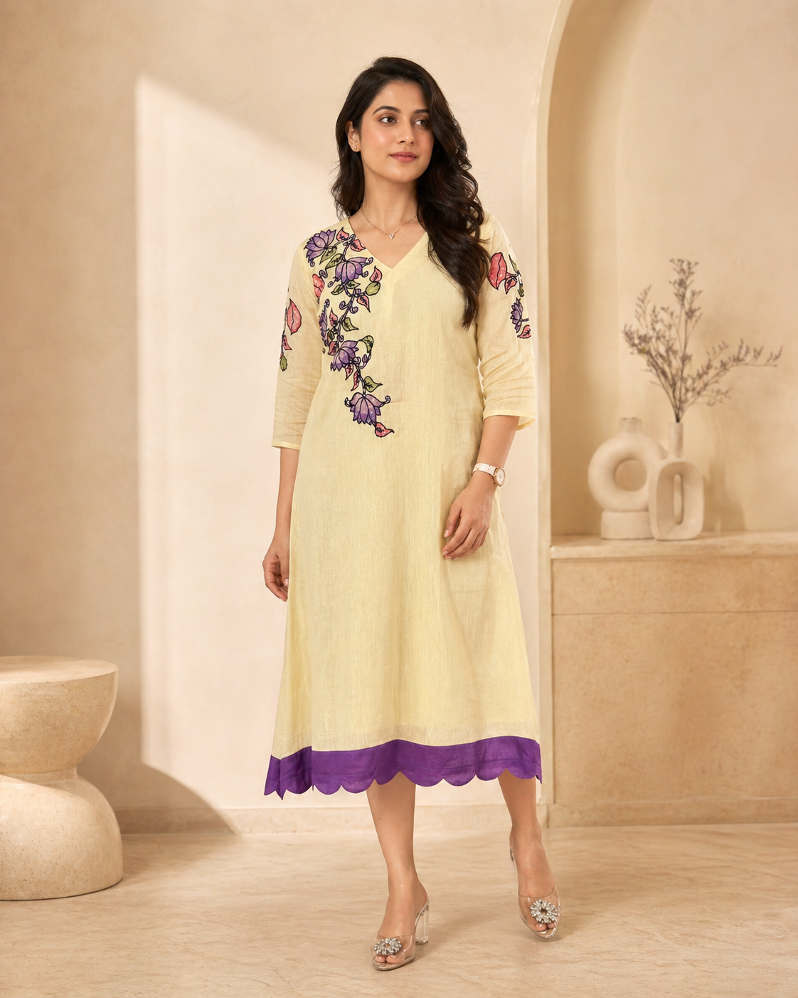 Mul mul chanderi frock with pure pen kalamkari applique work styling