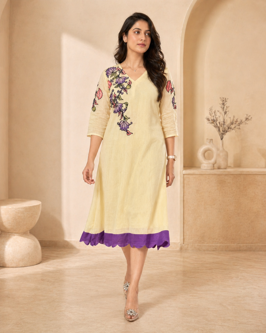 Mul mul chanderi frock with pure pen kalamkari applique work