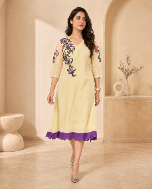 Mul mul chanderi frock with pure pen kalamkari applique work