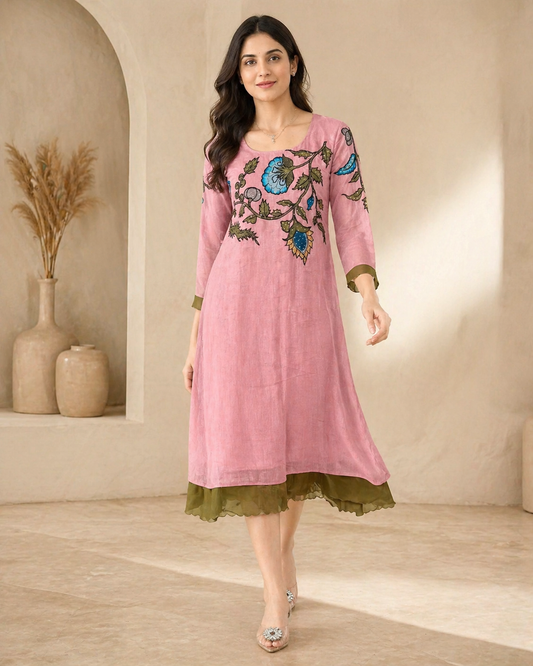 Mul mul chanderi frock with pure pen kalamkari applique work