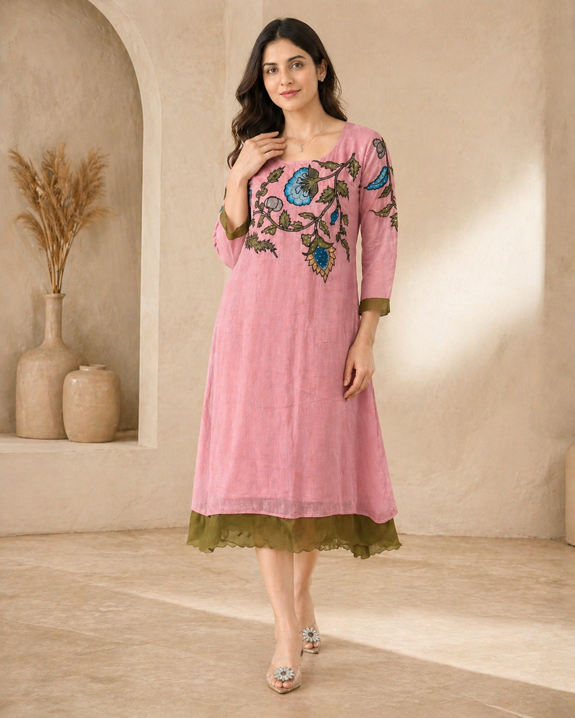 Mul mul chanderi frock with pure pen kalamkari applique work styling