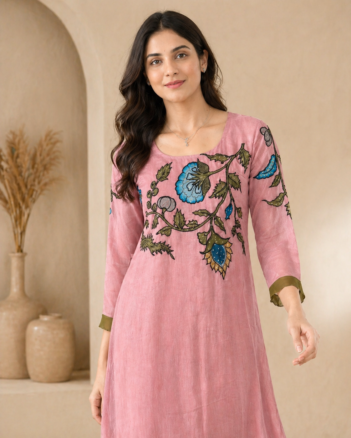 Mul mul chanderi frock with pure pen kalamkari applique work detail