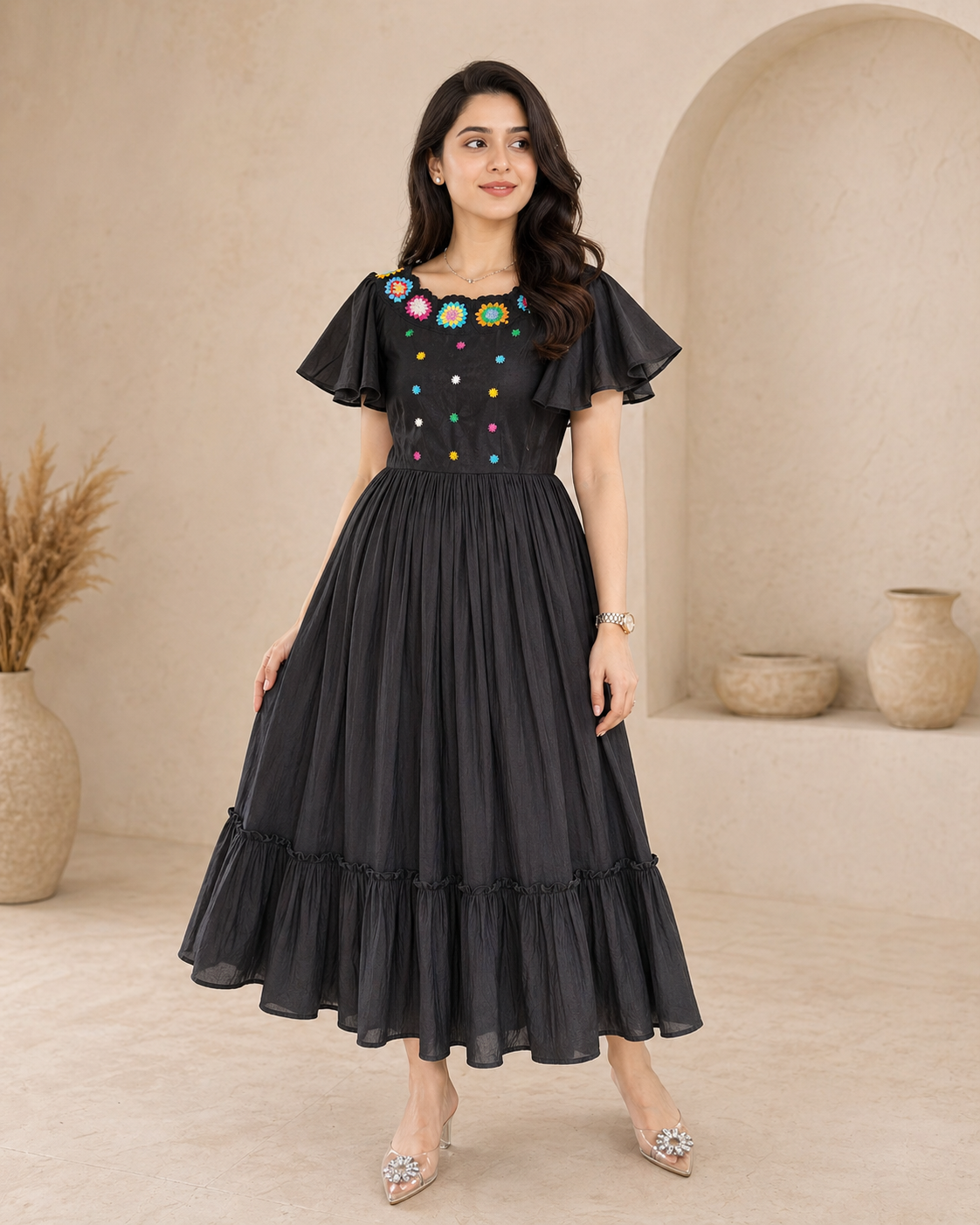 Black cotton frock with ruffles sleeves