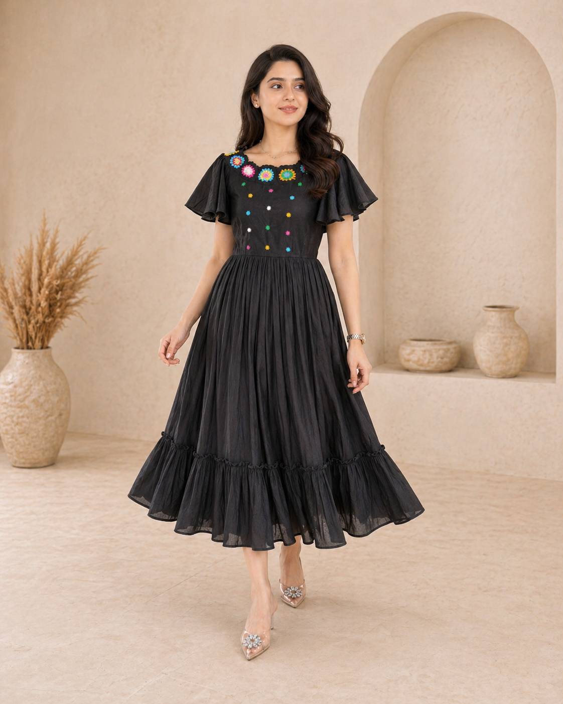 Black cotton frock with ruffles sleeves styling