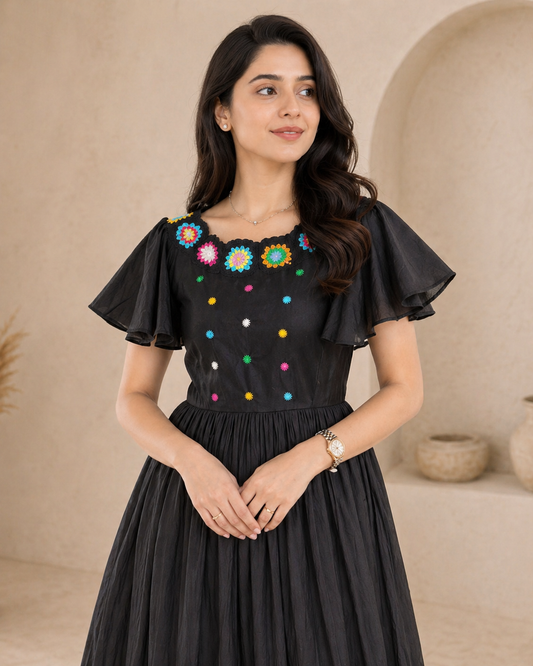 Black cotton frock with ruffles sleeves
