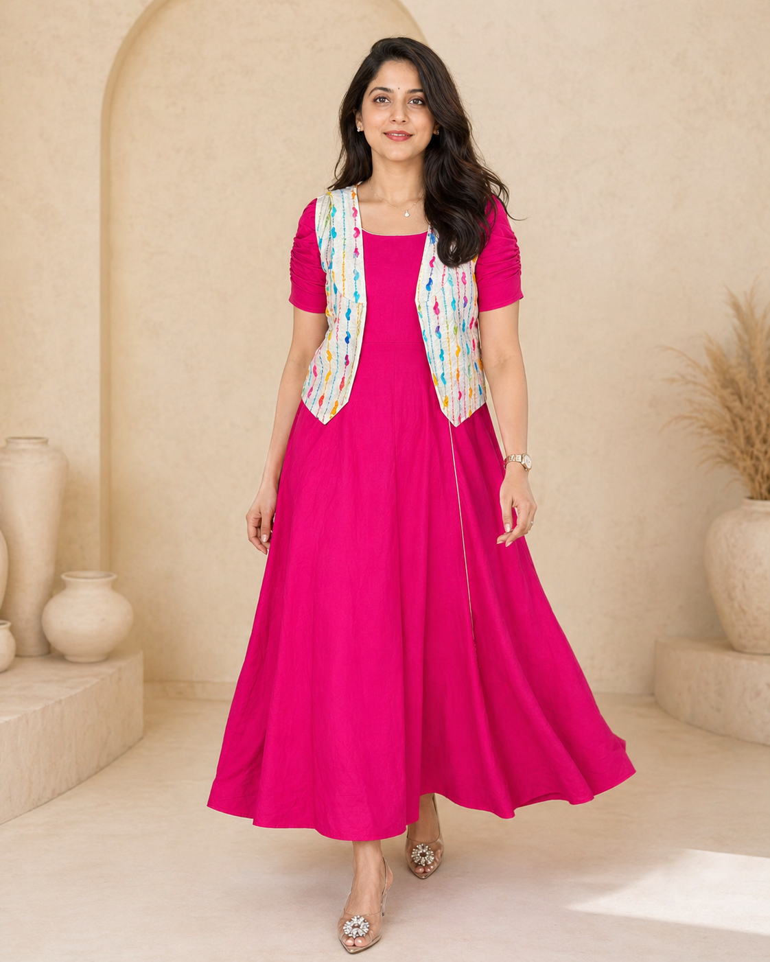 Pink plain cotton frock with printed jacket