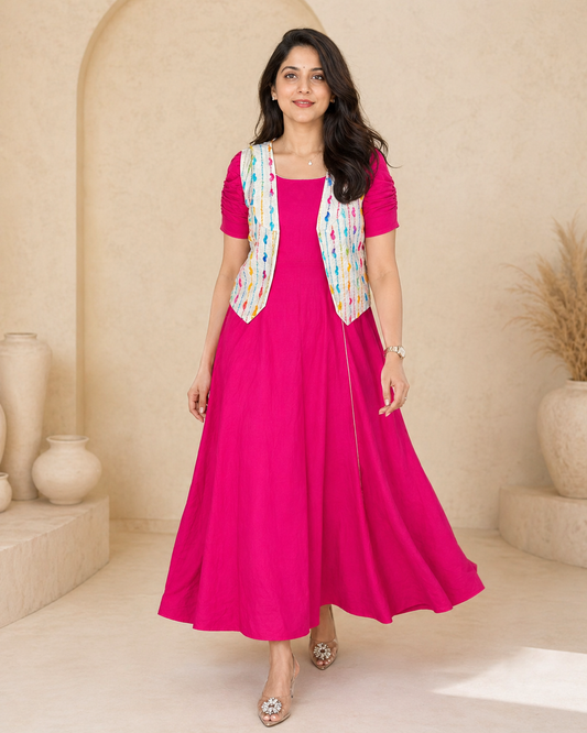 Pink plain cotton frock with printed jacket