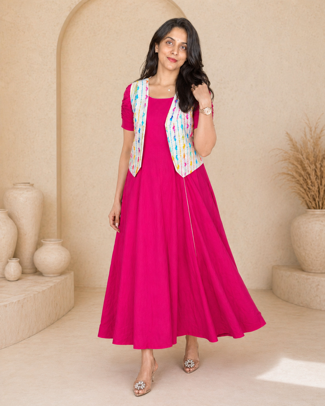 Pink plain cotton frock with printed jacket styling