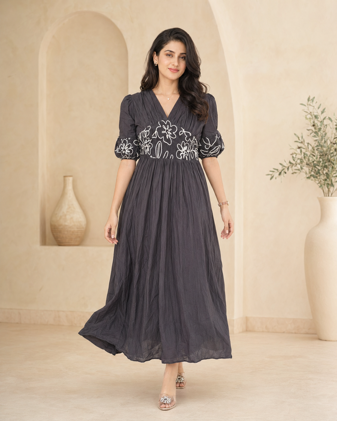 Black cotton frock with sleek thread work detailing