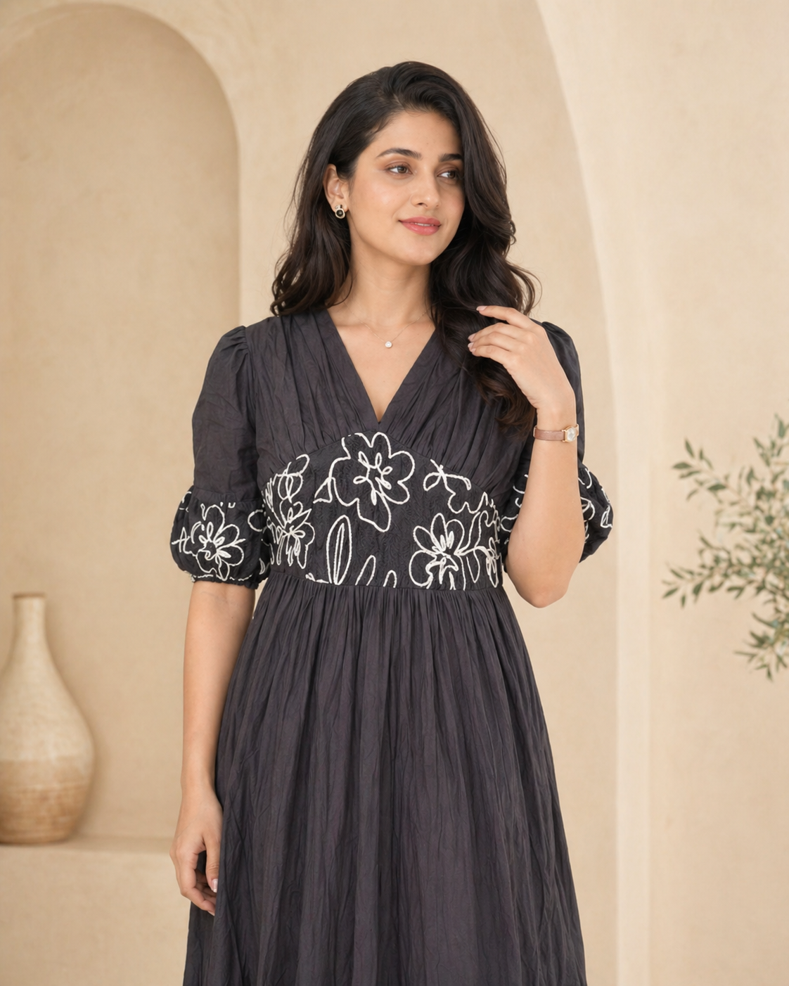 Black cotton frock with sleek thread work detailing detail