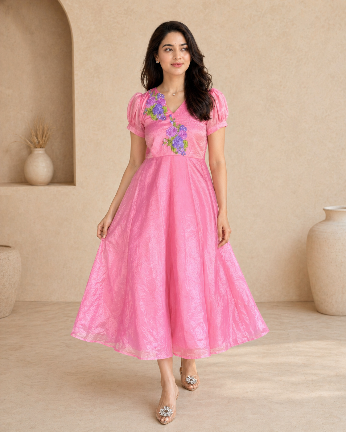 Tissue frock puff  sleeves with hand emdroidery styling