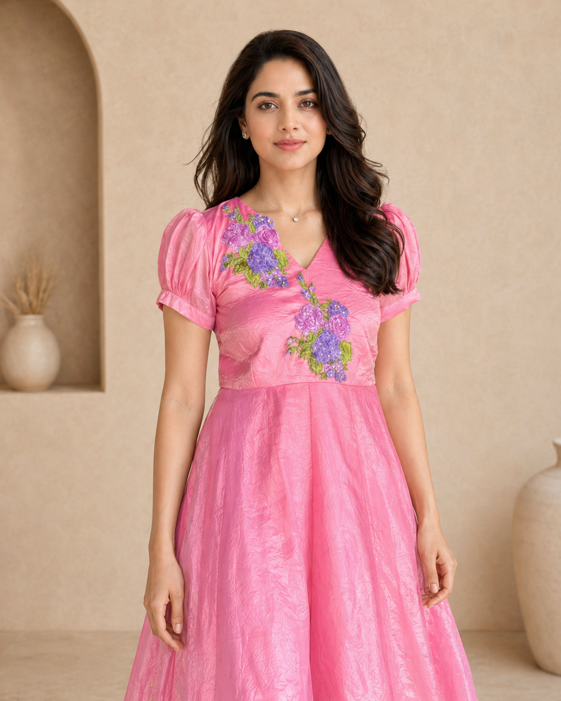 Tissue frock puff  sleeves with hand emdroidery detail