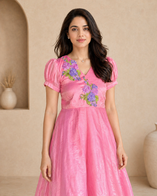 Tissue frock puff  sleeves with hand emdroidery