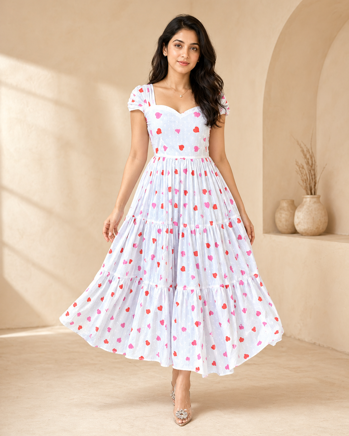 Ivory cotton with red sweet hearts frock styling