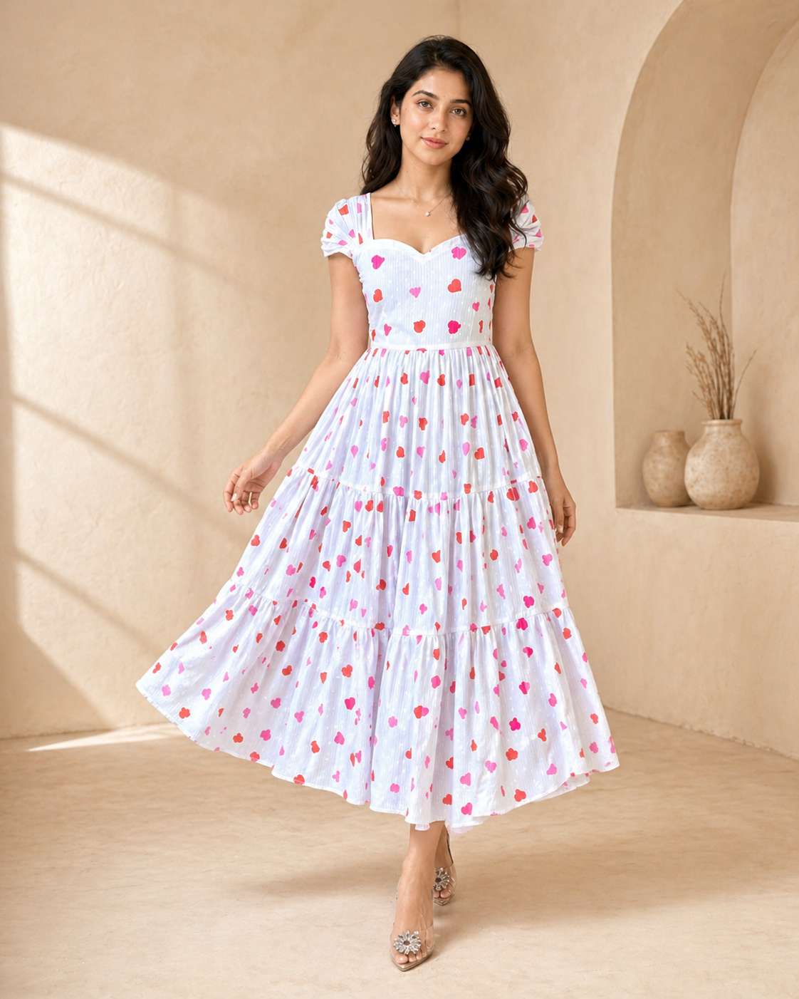 Ivory cotton with red sweet hearts frock