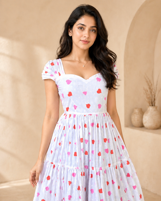 Ivory cotton with red sweet hearts frock