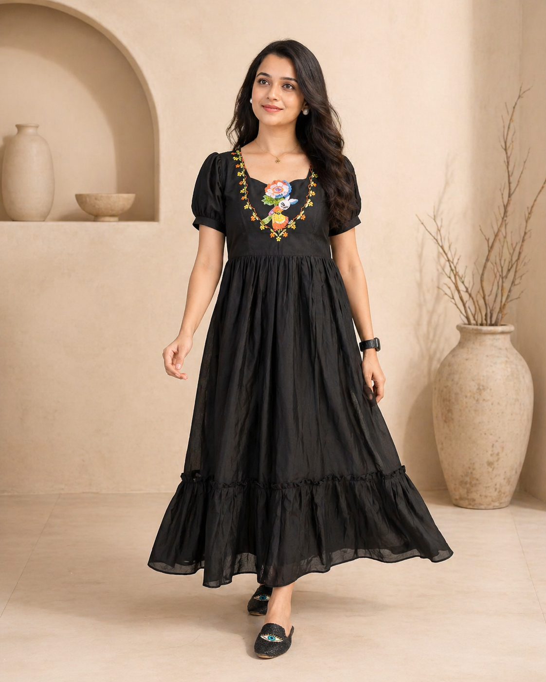 Black mul cotton Frock with hand embroidery styling