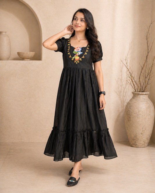 Black mul cotton Frock with hand embroidery
