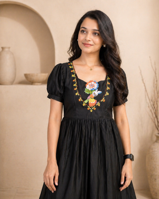 Black mul cotton Frock with hand embroidery