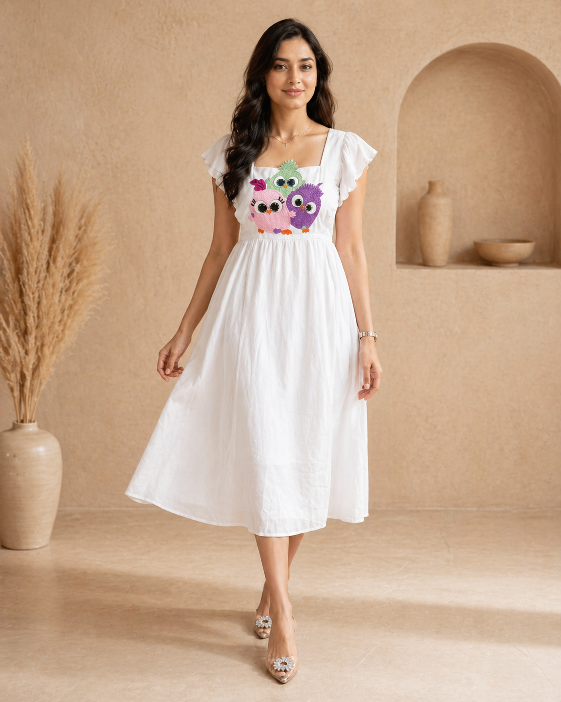 Ivory raw silk frock with cute motif styling
