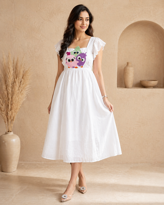 Ivory raw silk frock with cute motif