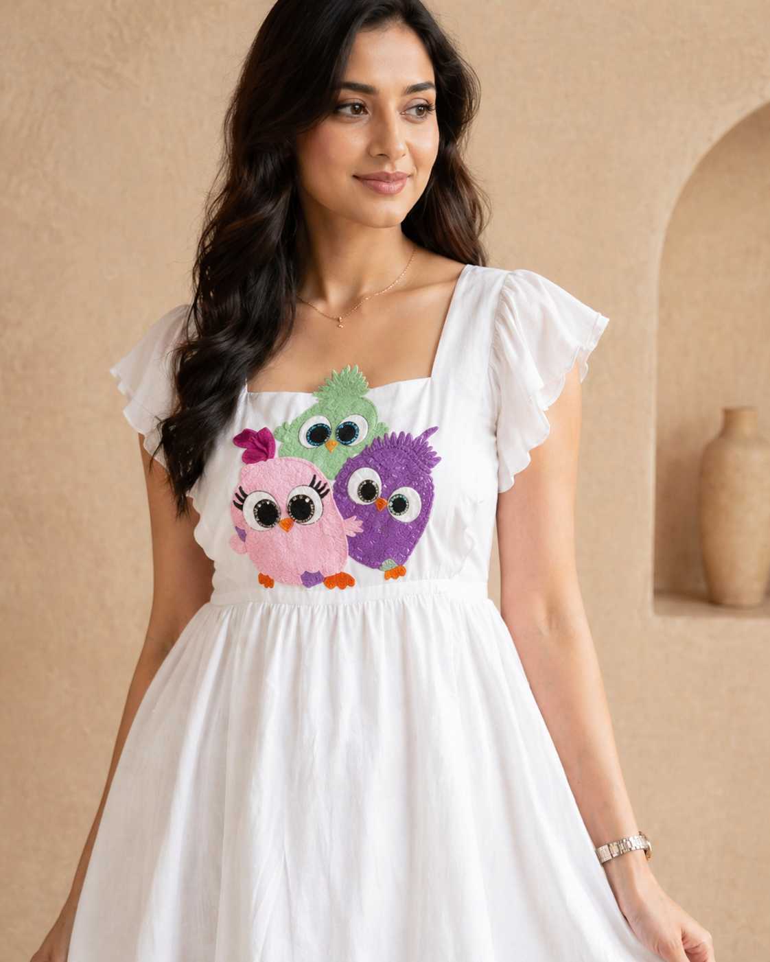 Ivory raw silk frock with cute motif detail