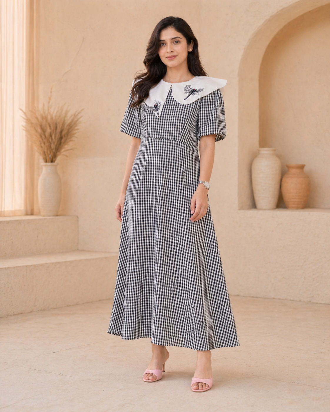 Black and white checks frock styling