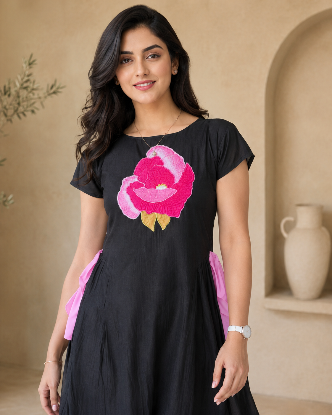 Black Floral Handcrafted Dress detail