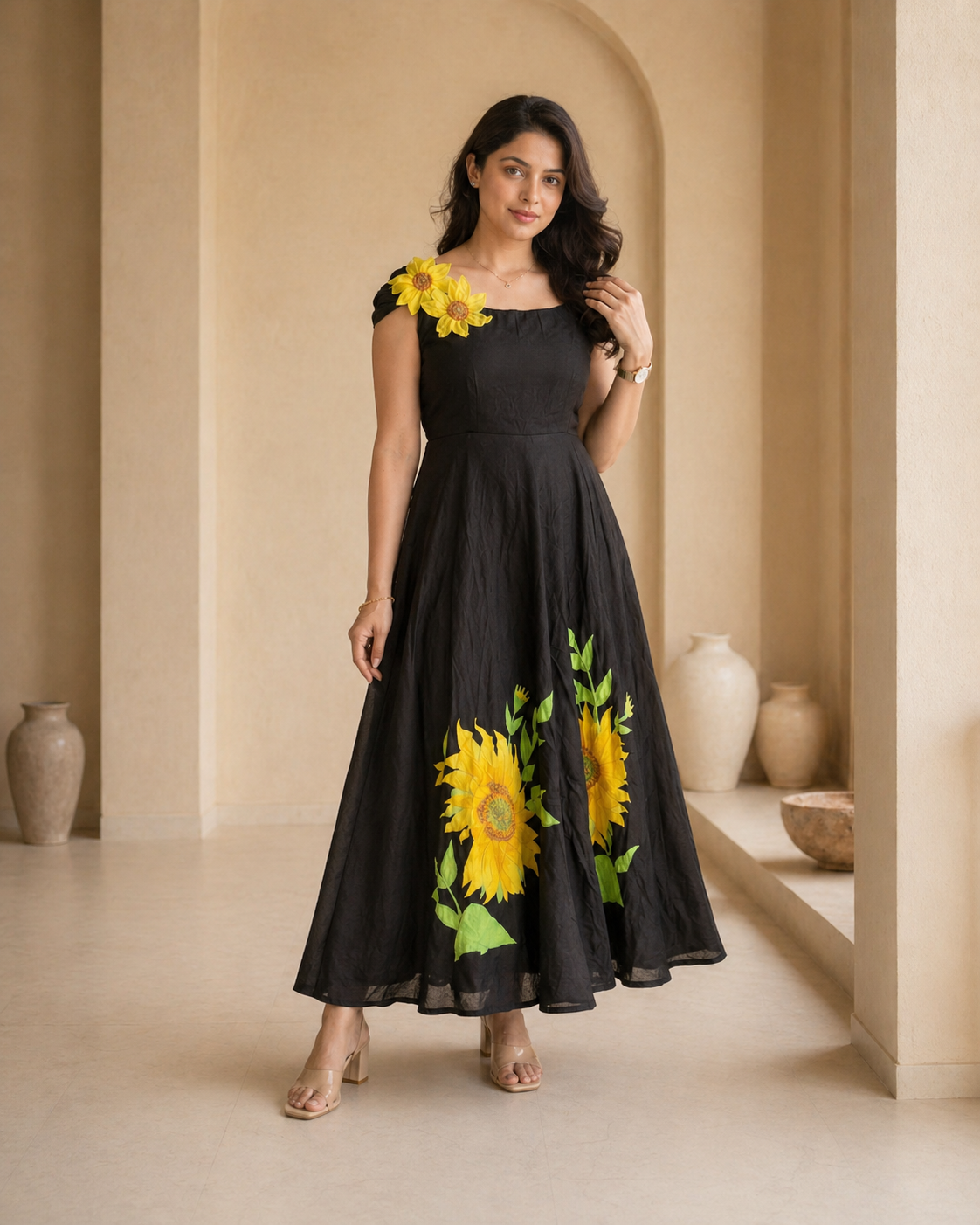 Floral handpainted Sunflower Frock styling
