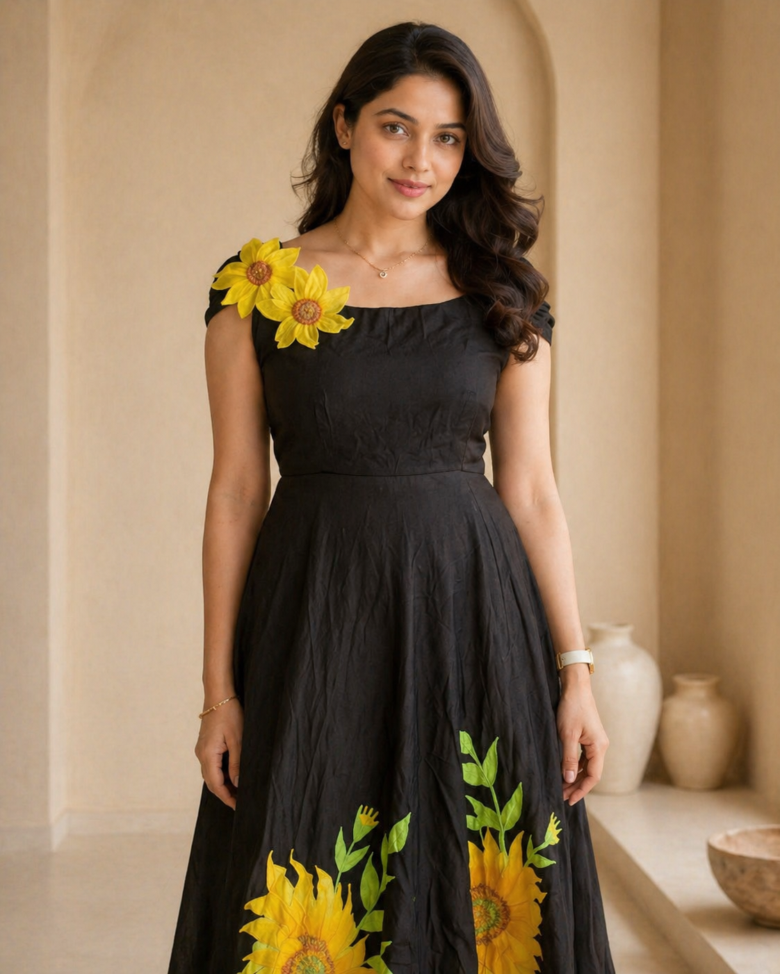 Floral handpainted Sunflower Frock detail
