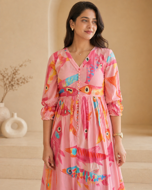 Printed fishes pink frock